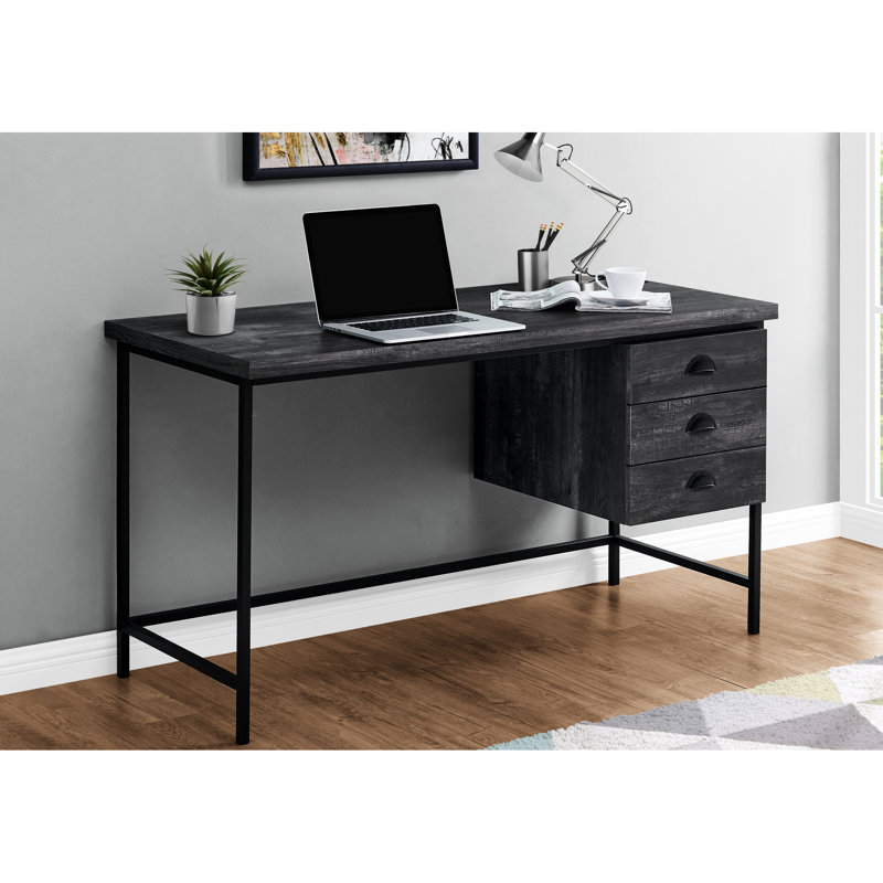 Table de bureau à domicile, l 55 po avec tiroirs de rangement, stratifié noir et métal, bureau d'ordinateur contemporain de style moderne