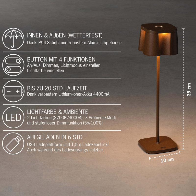 Nice Cordless Table Lamp - USB Rechargeable, Dimmable LED, 3 Modes, Sleek Design, Rust