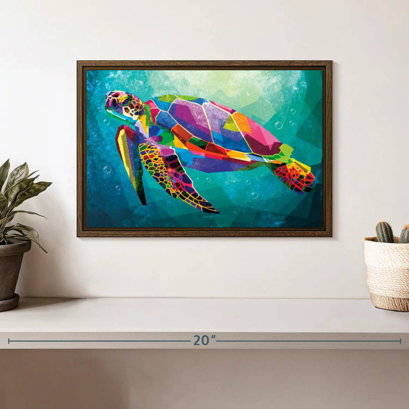 Tortue arc-en-ciel géométrique, 13 po x 9 po, Cadre flottant noyer
