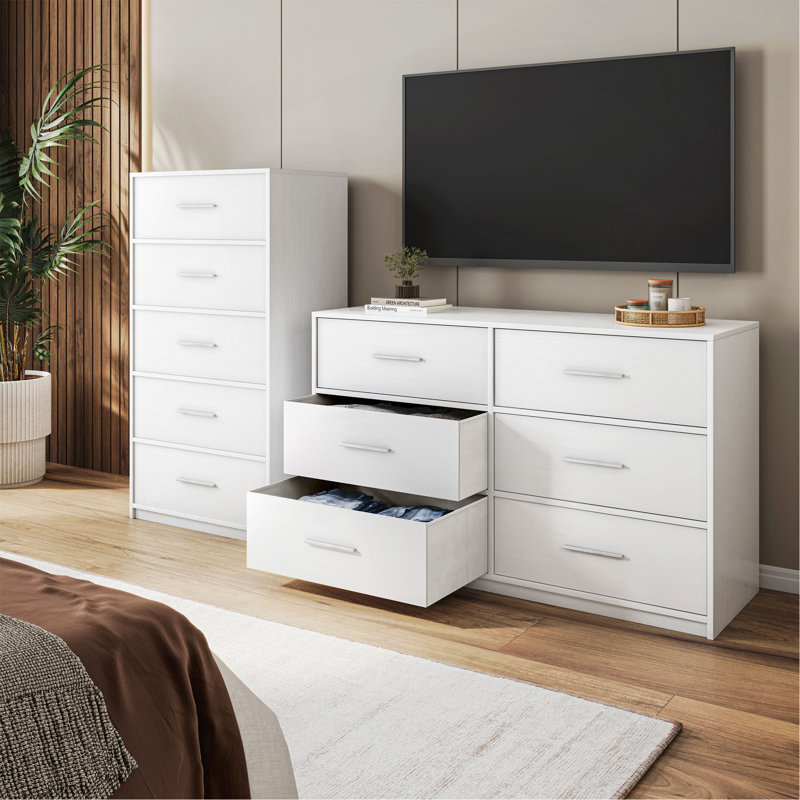 5-Drawer Dresser With Large Fabric Drawers, Silver, White