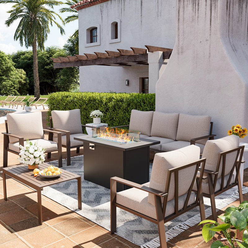  7-Person Outdoor Patio Furniture Set with FirePit – Rust-Resistant Aluminum Frame, Deep Seating Weatherproof Cushions, Beige