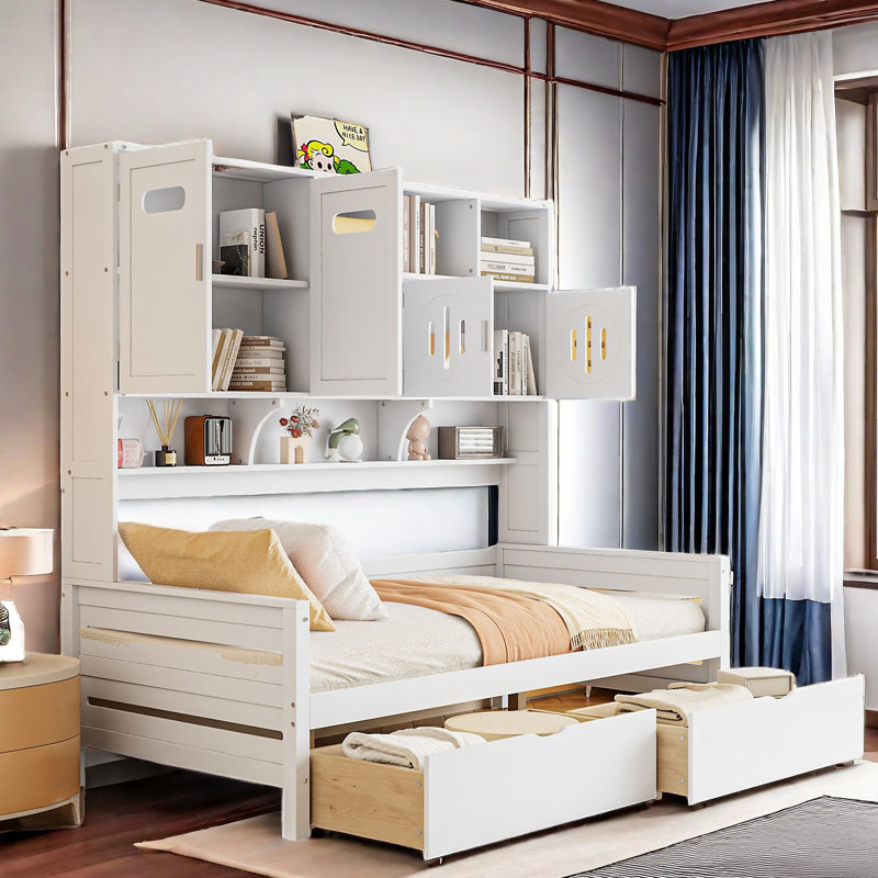 Lit de jour en bois tout-en-un Bellinger avec 2 tiroirs, armoires et tablettes, Lit simple, Blanc / Blanc