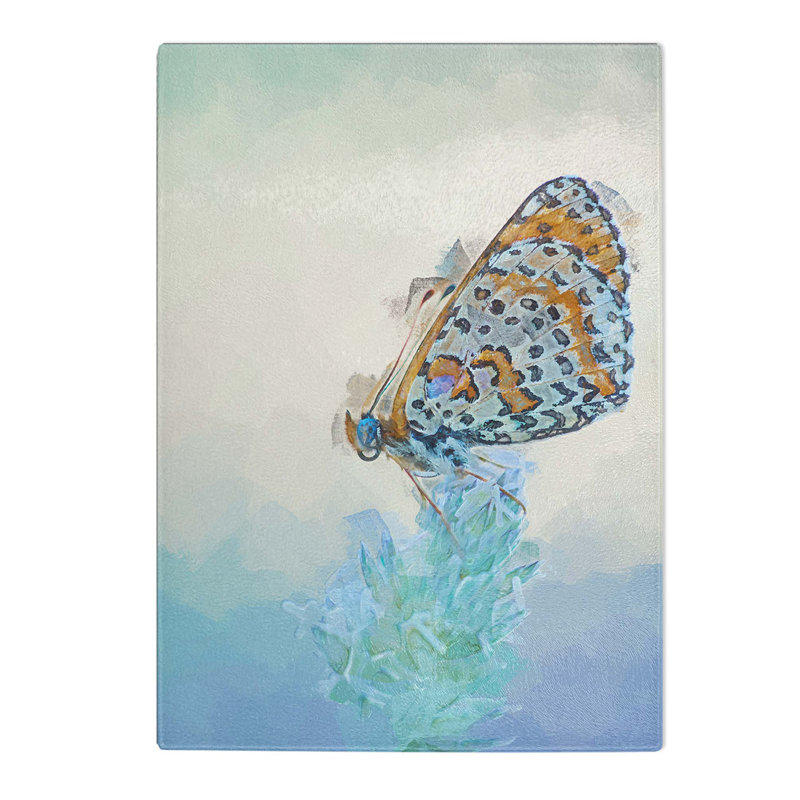 Tempered Glass Butterfly Perched upon a Flower Chopping Board, 28.5 cm W x 39 cm L