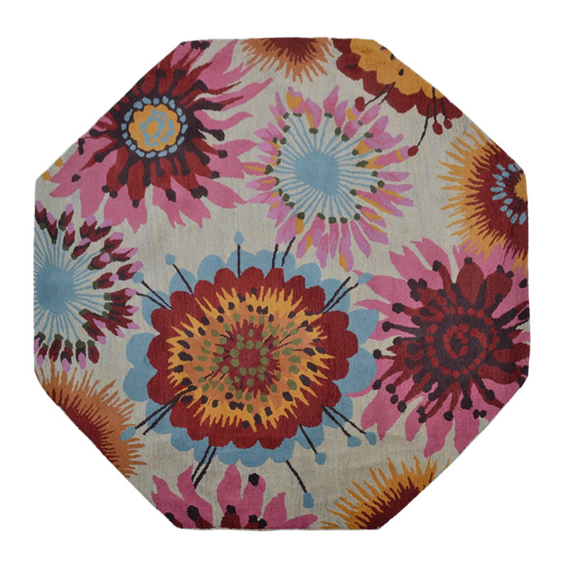 Bibiano Hand Tufted Wool Eco-Friendly Area Rugs - Octagon, Cream Color, Floral Modern Design, High Pile Thick Handmade Anti Skid Area Rugs for Living Room, Bed Room