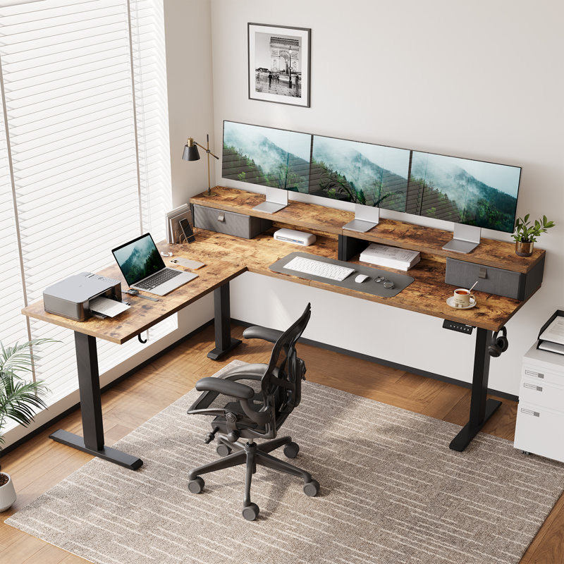 75" L Shaped Electric Standing Desk With 2 Drawers,Ergonomic Corner Height Adjustable Desk, Sit-Stand Computer Table with Storage for Home & Office