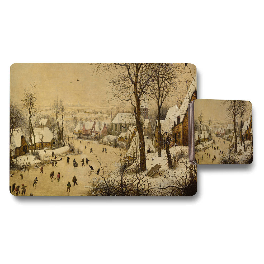 Vintage Winter Village Snow Scene Placemat And Coaster Set