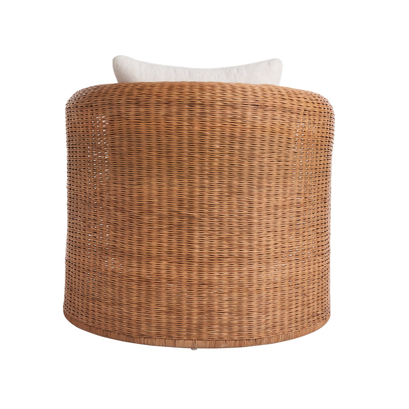 Natural Rattan Barrel Lounge Chair with White Cushions