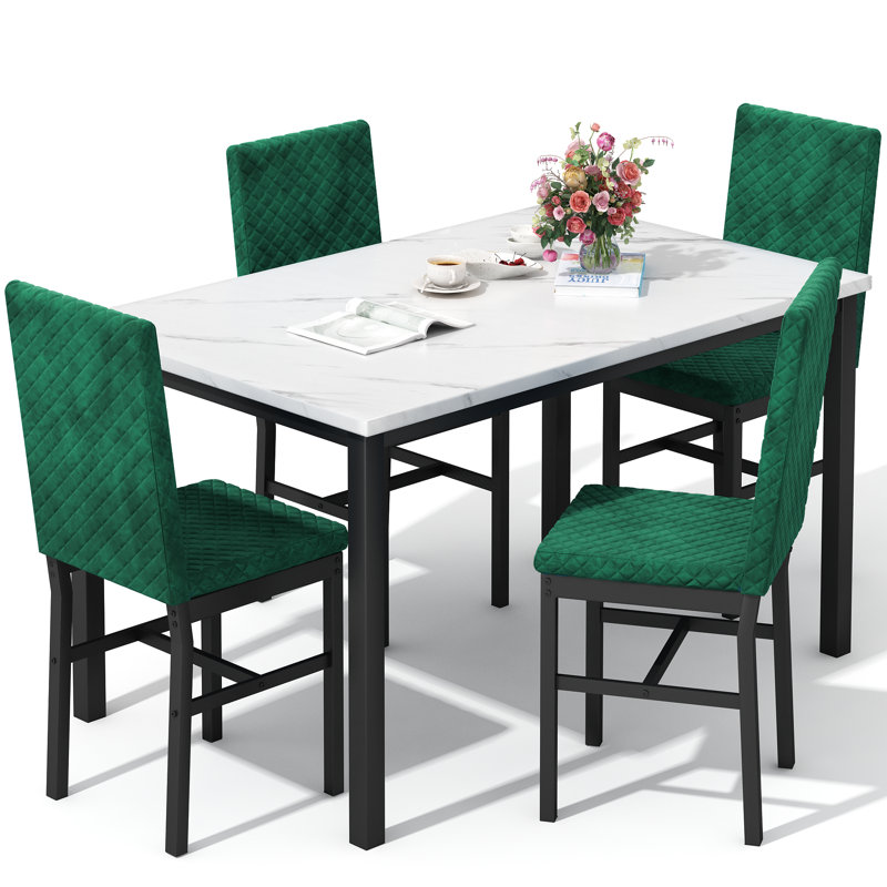 Faux Marble 5-Piece Dining Room Table Set with 4 Dining Chair, Blue, White
