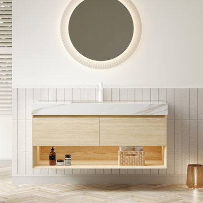 Meuble-lavabo pour salle de bain avec rebord biseauté à 45 degrés, surface en pierre frittée dorée, cuve en céramique, tiroirs en contreplaqué et tablette avec comptoir à capteur, armoire, éclairage contrôlé