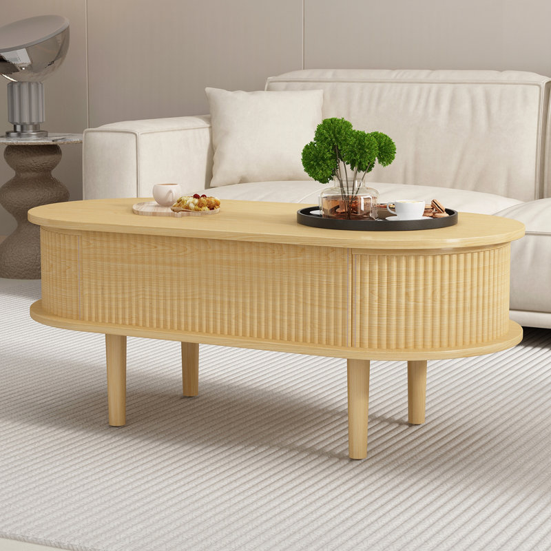 Table basse à plateau relevable cannelé avec compartiment caché, Naturel