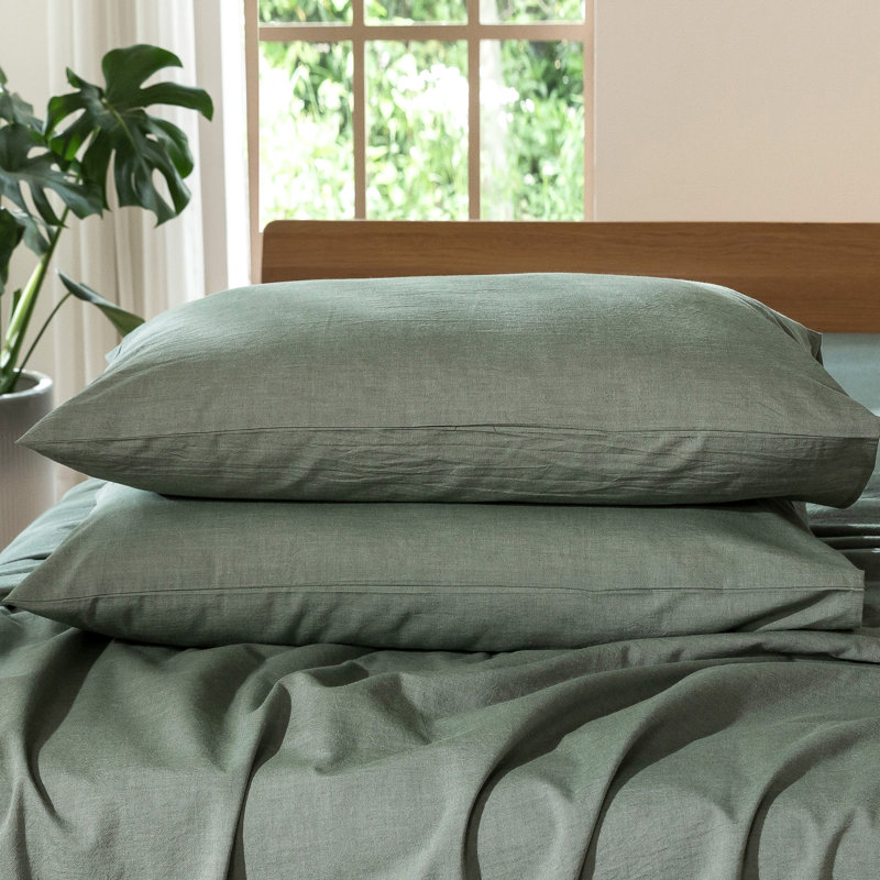 Taies d'oreiller 100% coton délavé MooMee, Grand (20 po x 30 po), Vert bruyère