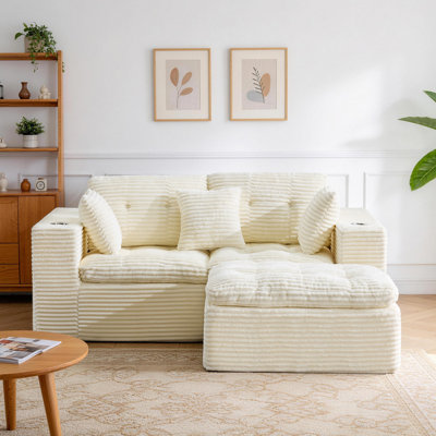 Canapé modulaire beige en forme de L en velours côtelé, canapé modulaire convertible de style nuage avec repose-pieds, causeuse rembourrée à 2 places avec méridienne désossée et sans assemblage