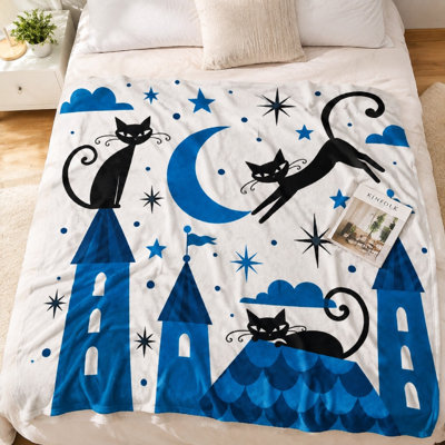 Couverture en flanelle imprimée chat noir et lune (1 pièce) - Beau motif de dessin animé ; douce et confortable pour relaxer à la maison ; lavable à la machine ; idéale pour décorer le salon ou la chambre à coucher ; parfaite en toutes saisons ; cadeau idéal pour les amateurs de literie et de canapé.