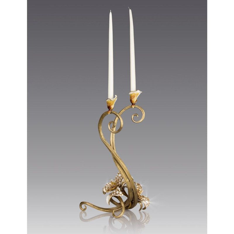 Roselyn Orchid 21.5" Golden Double Candlestick with Swarovski Crystals