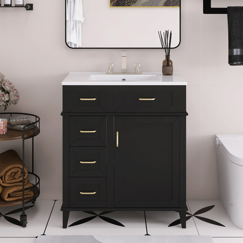 30" Free-Standing Bathroom Vanity With Ceramic Sink Soft Close Door, And Three Soft Close Drawers, Black