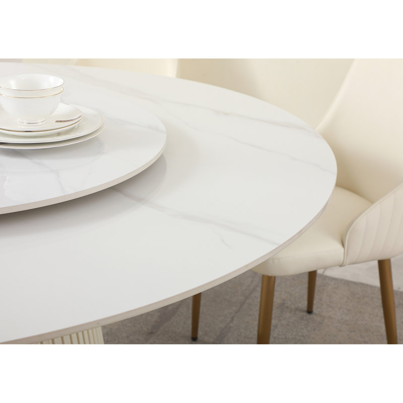 Table de salle à manger moderne en pierre frittée de 59 po avec table tournante ronde de 31,5 po pour 6 à 8 personnes, piédestal en bois et en métal exquis