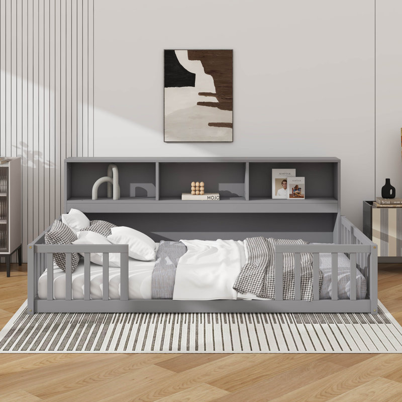 Lit simple simple avec tablettes de chevet intégrées et compartiments multiples, gris