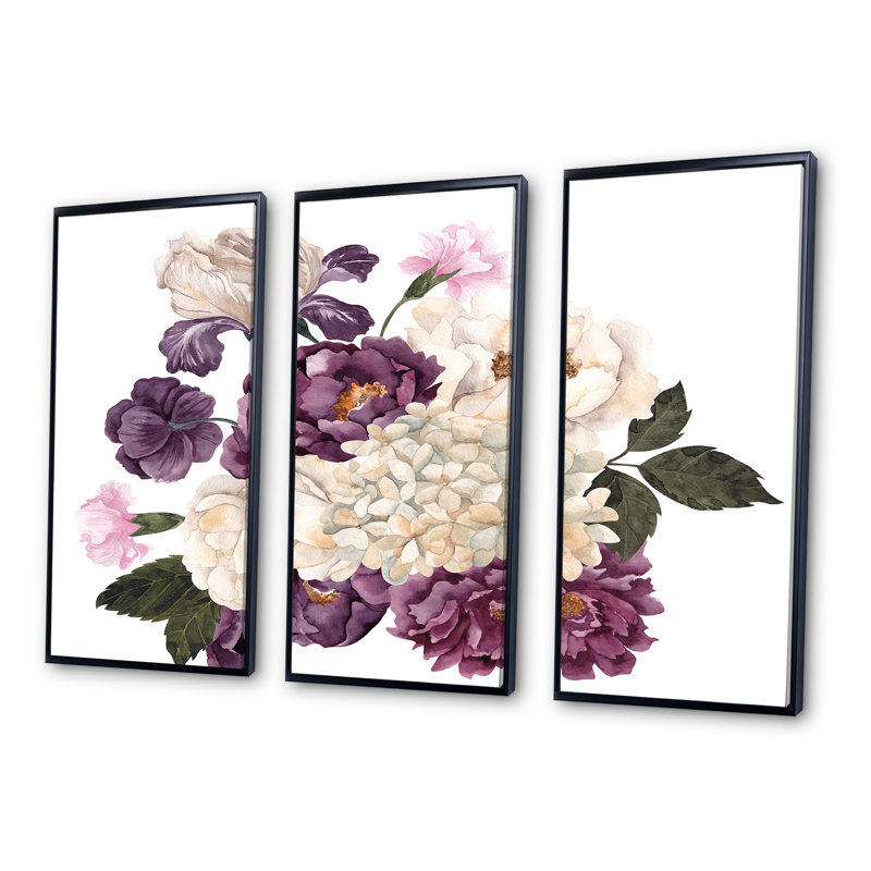 Bouquet rétro avec fleurs et feuilles rétro VI - ensemble d'art mural sur toile encadré traditionnel de 3, Noir