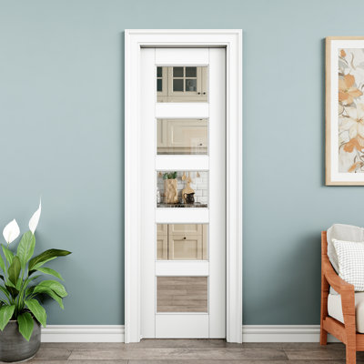 24" x 80" 5-Lite Clear Glass Interior Pocket Door, Tempered Glass Door Slab with Safety, Paintable & Waterproof, As Laundry Doors, Closet Doors, Room Doors