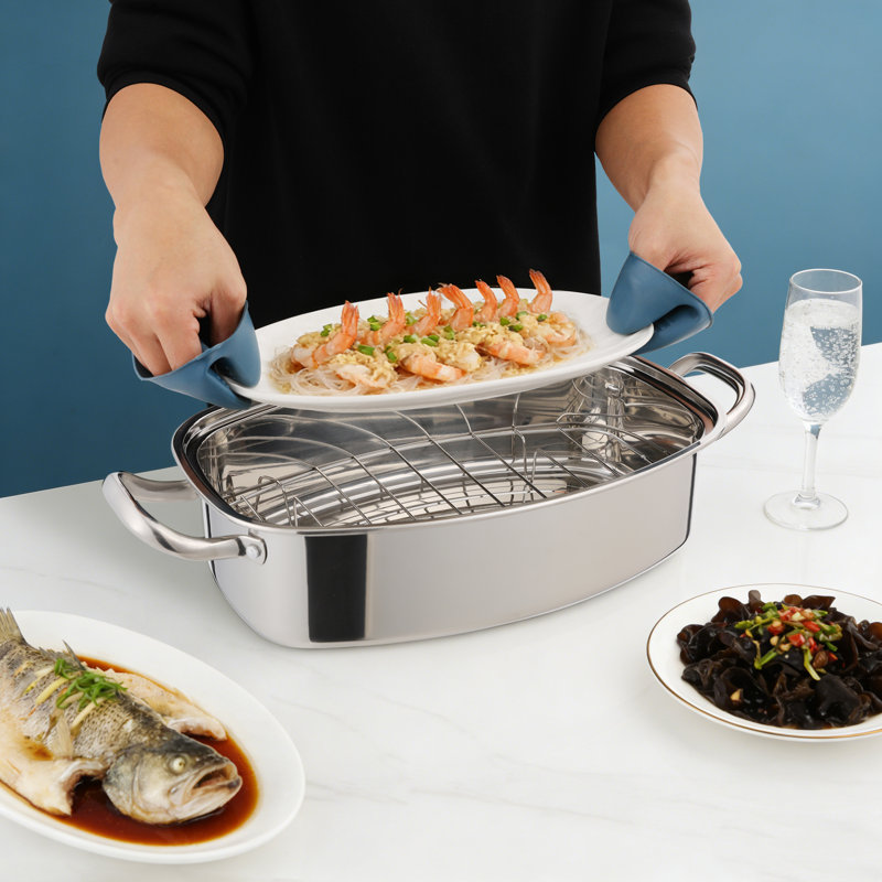 304 Stainless Steel Steamer Pot, 1.32-Gallon Oval Steaming Cookware, 5.91" H x 18.5" W x 10.24" D