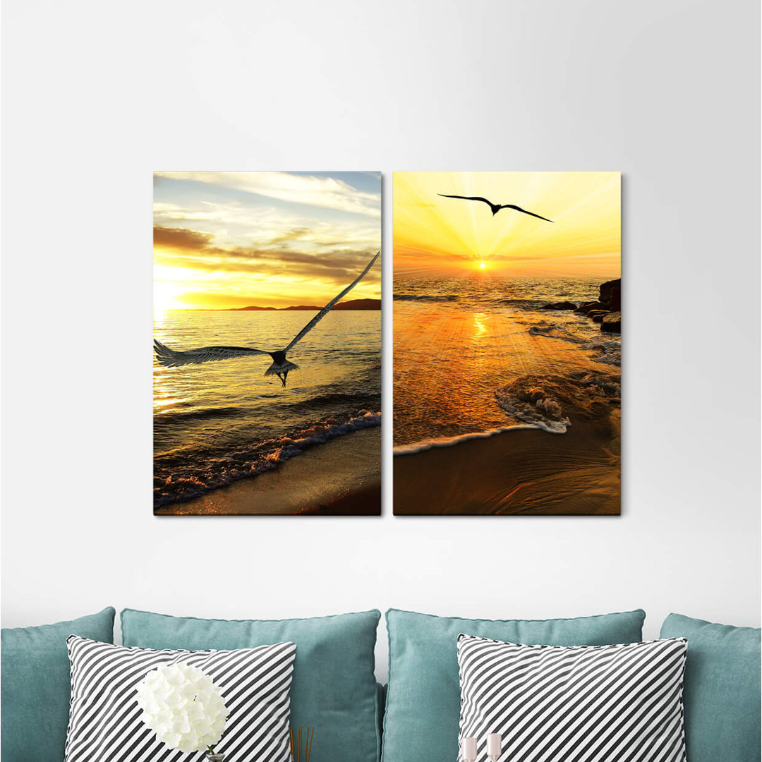 2-tlg. Leinwandbilder-Set - Fotografie „Sea Beach Sunset Eagle Seagull Flying Freedom”