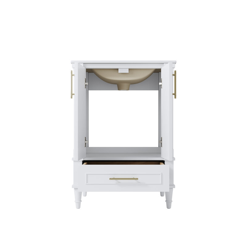 Meuble-lavabo en bois massif blanc l 24 po x H 34,1 po avec lavabo en céramique Cupc, charnières à fermeture en douceur DTC, poignées en aluminium anodisé doré