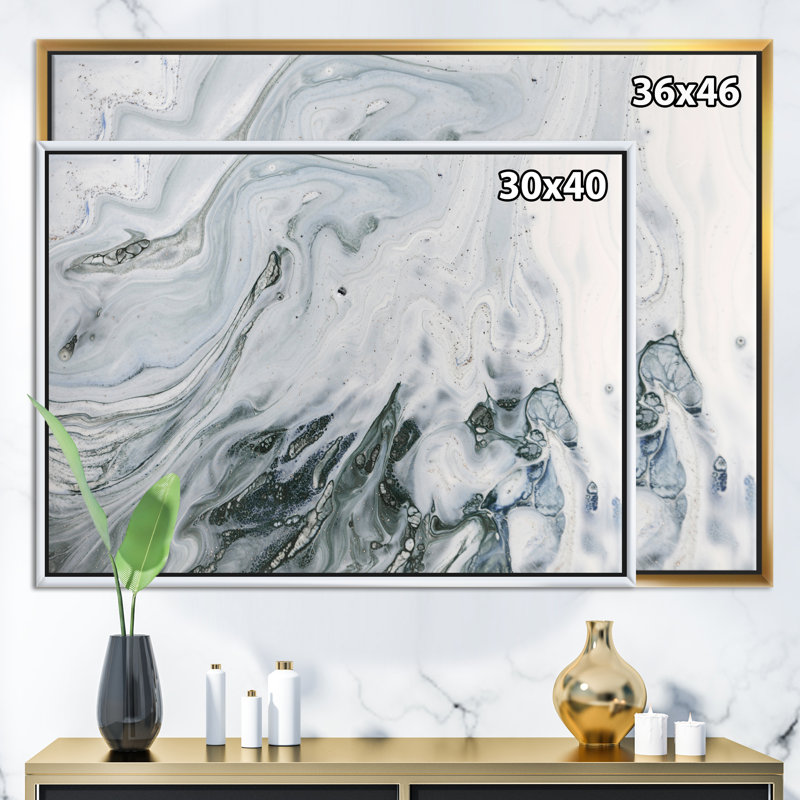 Marbre gris et blanc avec puissance dorée - reproduction d'art sur toile, H 12 po x l 20 po x p 1 po, Cadre flottant blanc