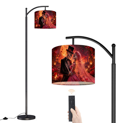 Lampe sur pied arquée avec abat-jour réglable, motif tête de mort, lampe sur pied pour couple, 3 températures de couleur, intensité variable, avec interrupteur au pied, pour chambre à coucher