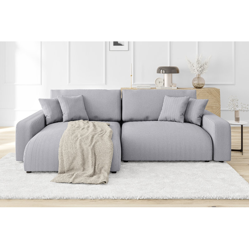  Gisela Sleeper Corner Sofa Chaise Bed with Storage Cord Fabric, Light Grey, Left Hand Facing