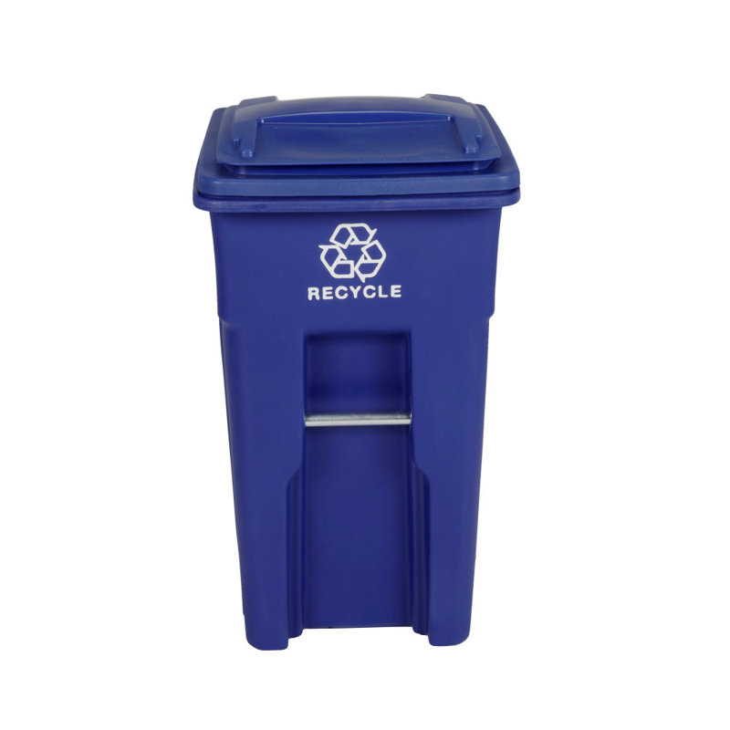 Blue Trash Can With Quiet Wheels And Attached Blue Lid, 32 gal.