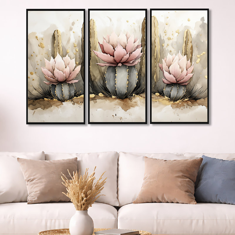 «Desert Bloom Cactus Trio I», ensemble d'art mural vert du sud-ouest de 3, H 32 po x l 48 po, Cadre flottant noir