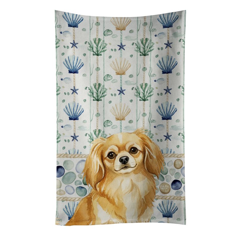 Gold Tibetan Spaniel Coastal Sea Glass Kitchen Towel, Gold Tibetan Spaniel