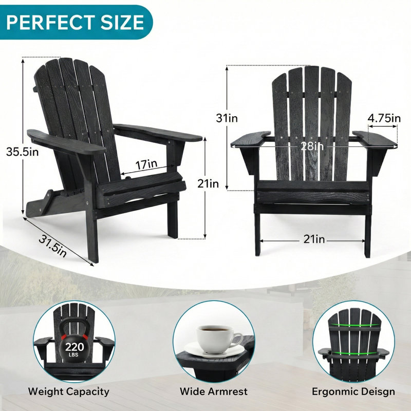 Classic Solid Wood Foldable Adirondack Chairs, Half Pre-Assembled Patio Lounger, Black