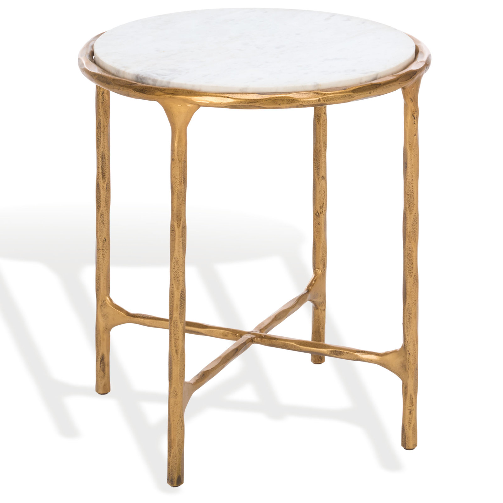 Evelynn Glass Cross Legs End Table, Brass, White Marble