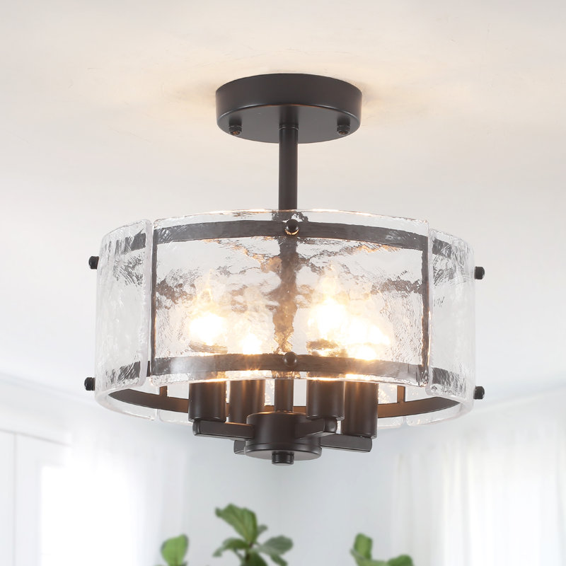4 - Light 12.16'' Modern Industrial Drum Candle Semi Flush Mount Ceiling Light Fixture With Glass Panels Shade, Matte Black