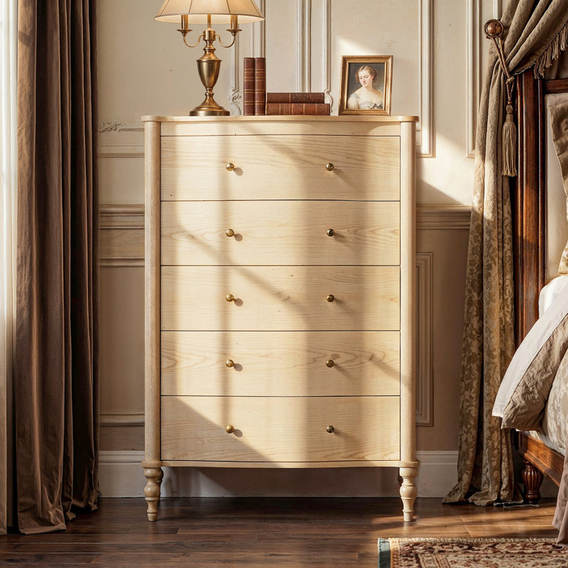 47.2'' H Vintage 5-Drawer Vertical Dresser With Curved Panels & Solid Wood Base, Yellow Wood