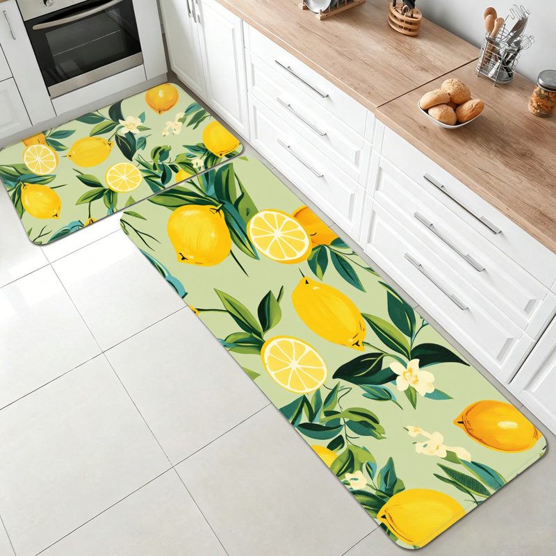 Paquet de 2 tapis de cuisine vert clair à motif floral citron