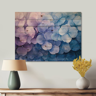 Hortensia à l'aquarelle, encre mauve I - Art mural en bois d'hortensia - sur bois de pin naturel