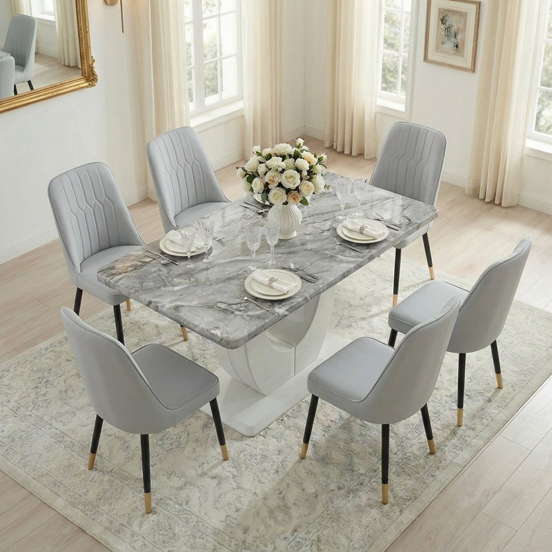 Modern 7-Piece Faux Marble Dining Table Set with Upholstered Chairs, Light Gray, Gray