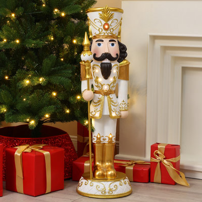 3Ft Lighted White and Gold Nutcracker Soldier with Scepter, Battery-Op Christmas Decor