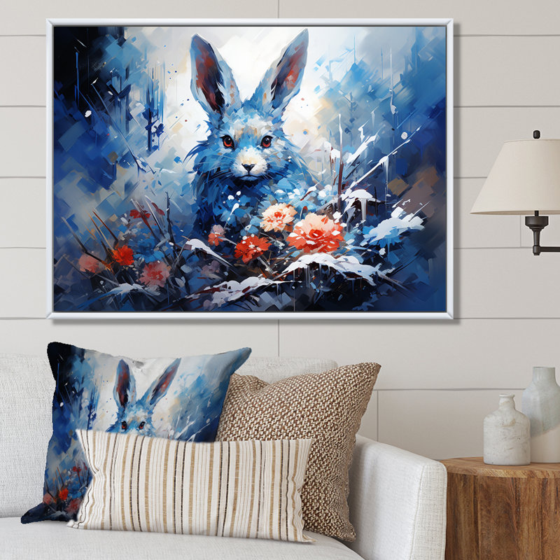 «Blue Rabbit Winter Solitude - Lapin», art mural, Cadre doré à coins fermés, H 30 po x l 40 po x P 1,5 po