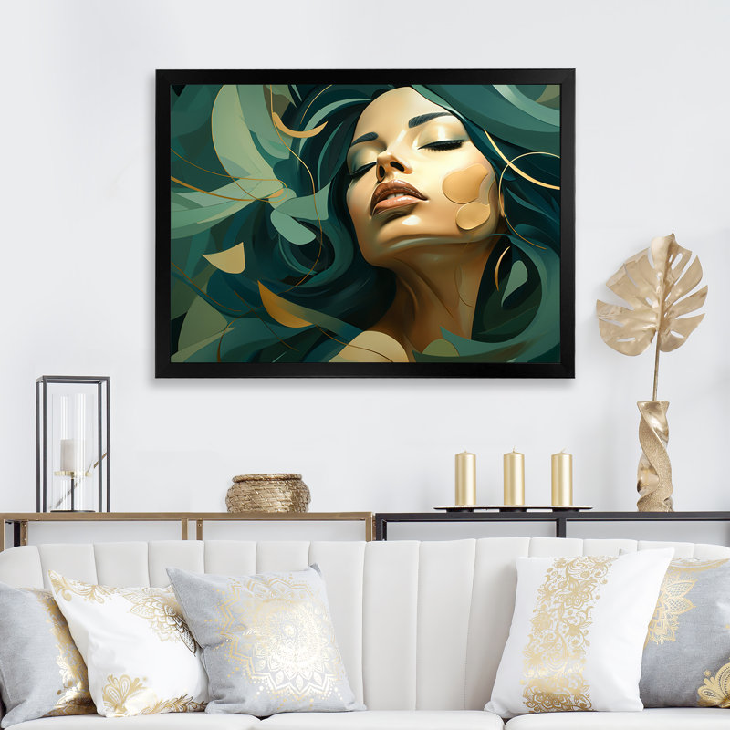 «Green Floral Blossom Woman Portrait II», art mural floral femme, Cadre d'angle fermé noir, H 24 po x l 32 po x P 1 po