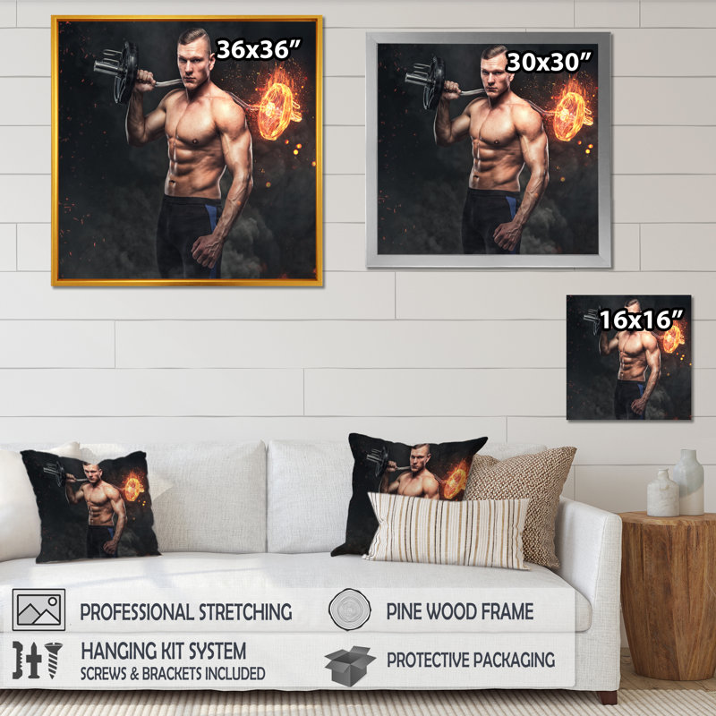 «Musclular Athletic» avec une haltère brûlante sur toile, H 36 po x l 36 po x P 1,5 po, Cadre photo noir