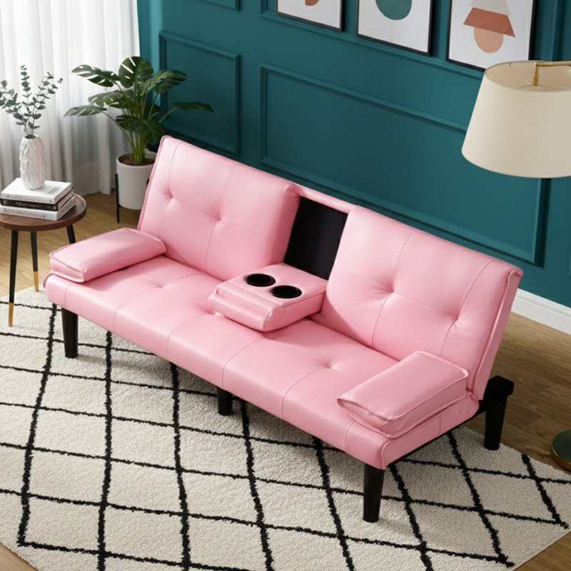 Canapé-lit convertible l 67 po - Similicuir rose - Porte-gobelet intégré - Multifonctionnel, Rose