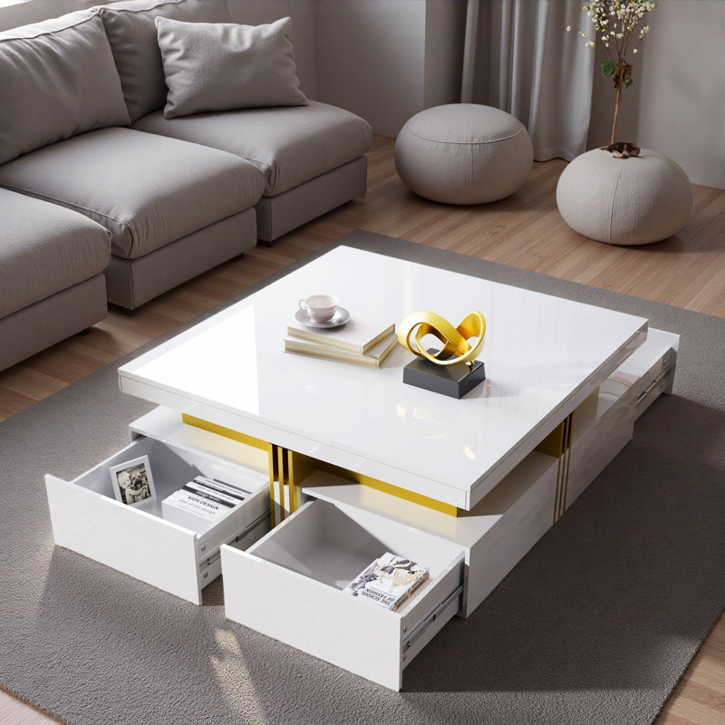 Glossy Square Storage Coffee Table With 4 Drawers, White, White
