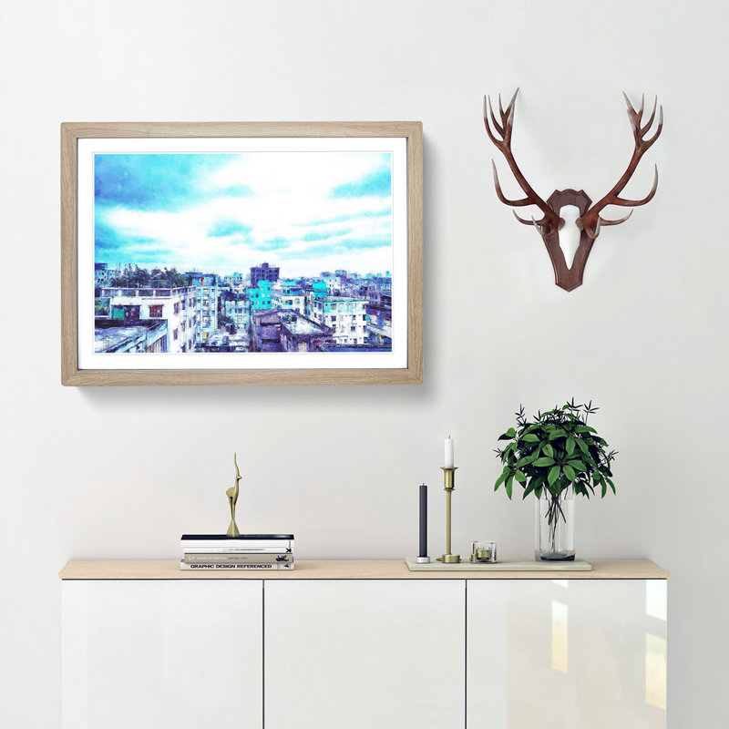 Skyline of Dhaka in Bangladesh - Picture Frame Painting Print, 62cm H x 87cm W x 2cm D, Oak Framed