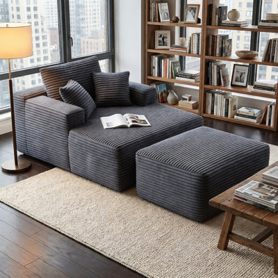 47" Boneless Cloud Corduroy Compression Single Sofa with Ottoman Footrest, No Assembly, Independent Pocket Springs & High Resilience Foam Small Couch for Bedroom Apartment
