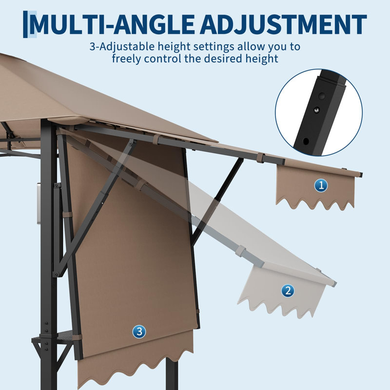 8x5 ft Grill Gazebo with Adjustable Dual Side Awnings, 2-Tier BBQ Gazebo Grill Shelter with 2 Handy Shelves, Steel Frame BBQ Canopy, Khaki