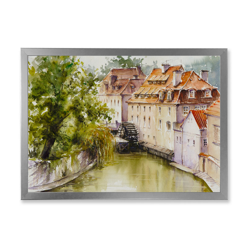 «Old Prague Watermill Over Chertovka River», reproduction d'art sur toile, H 12 po x l 20 po x P 1 po, Cadre photo argenté