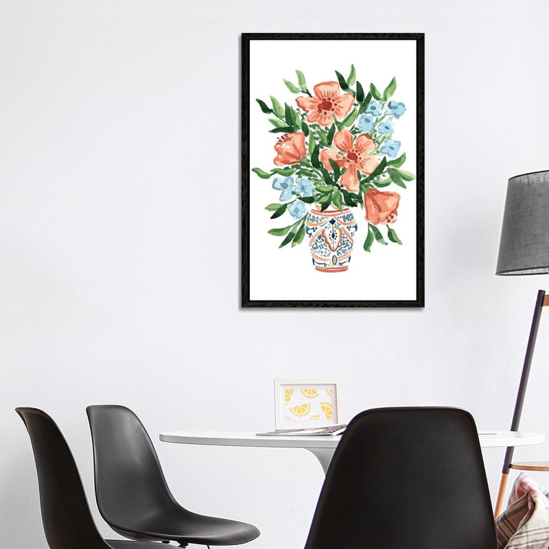 Peachy Florals by Sabina Fenn - Painting on Canvas, 101.6cm H x 66.04cm W x 3.81cm D, Black Floater Framed